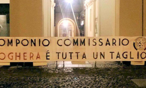 VOGHERA 21/04/2016: Troppi tagli. Nuovo striscione di CasaPound… contro il Commissario. “Così affossa l’economia locale”